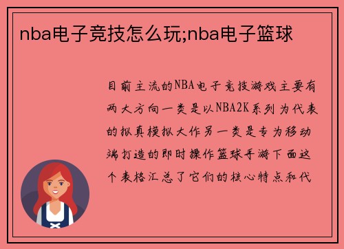 nba电子竞技怎么玩;nba电子篮球